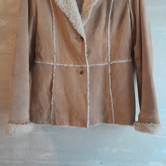 175a. vintage tan Maurices leather y2k Penny Lane coat with faux fur trim, M - Picture 3 of 7